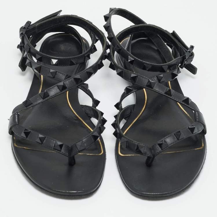 Pre Owned Valentino Rockstud Size 37 Black Leather Ankle Wrap Thong Flats