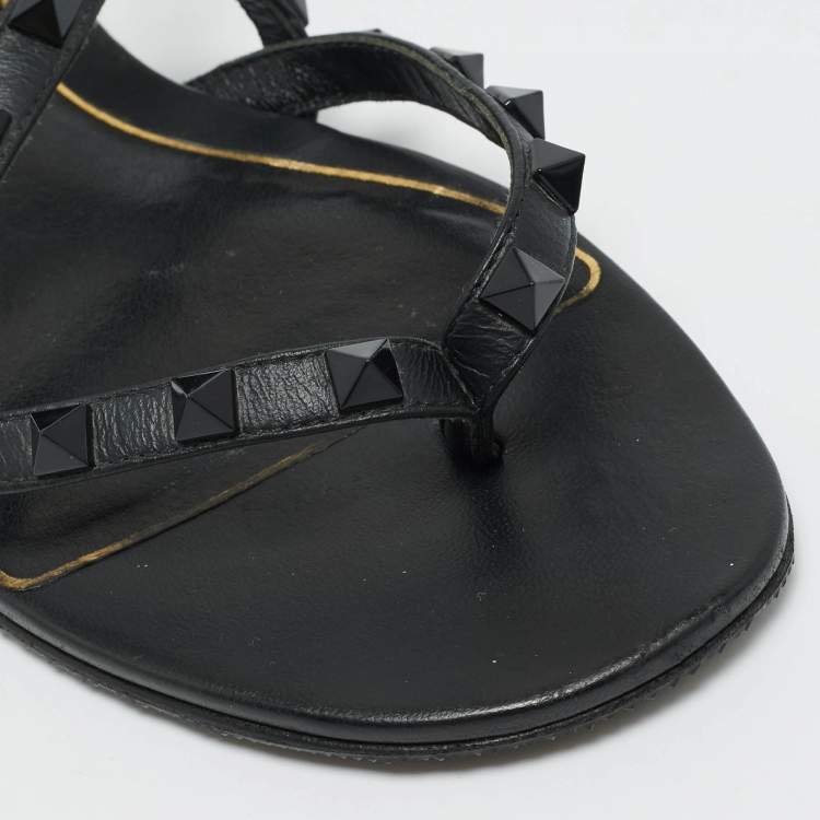 Pre Owned Valentino Rockstud Size 37 Black Leather Ankle Wrap Thong Flats