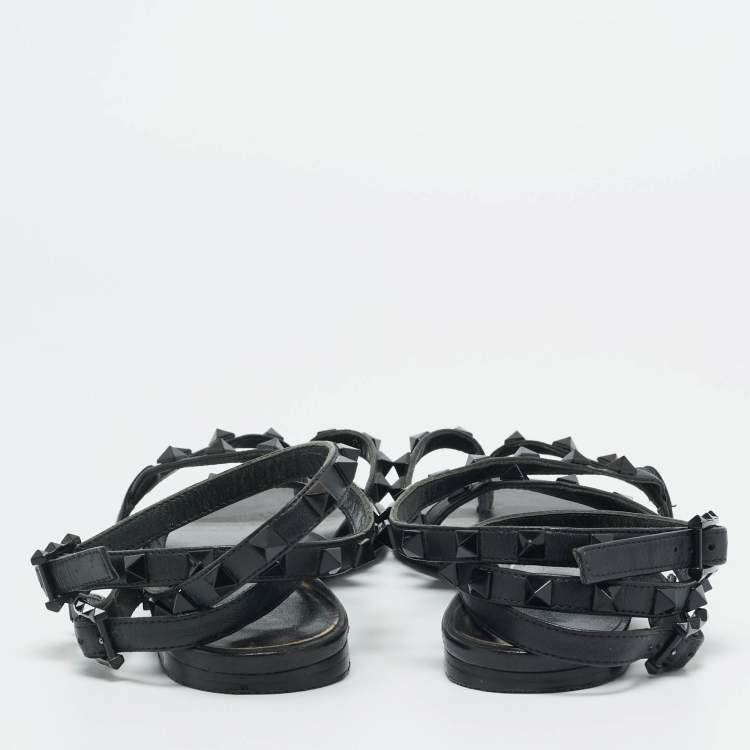 Pre Owned Valentino Rockstud Size 37 Black Leather Ankle Wrap Thong Flats