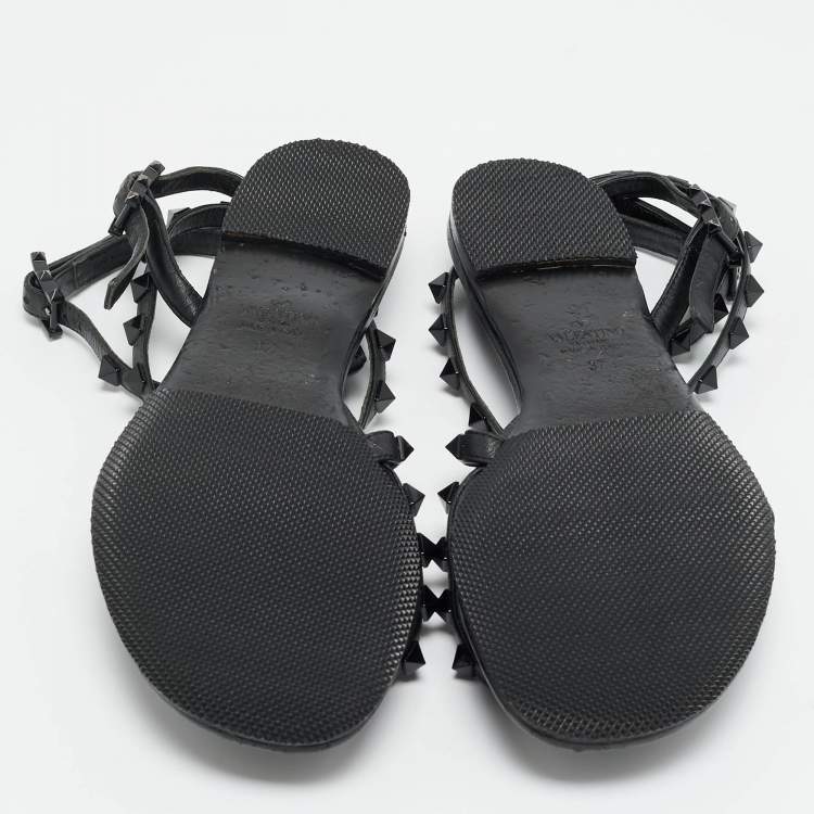 Pre Owned Valentino Rockstud Size 37 Black Leather Ankle Wrap Thong Flats