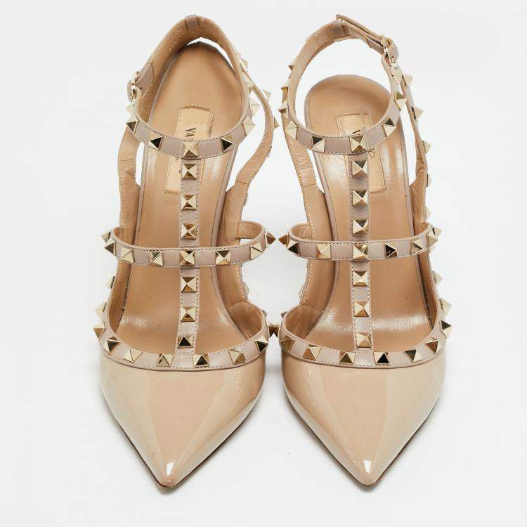 Pre Owned Valentino Rockstud Size 41 Beige Leather and Patent Leather Pumps