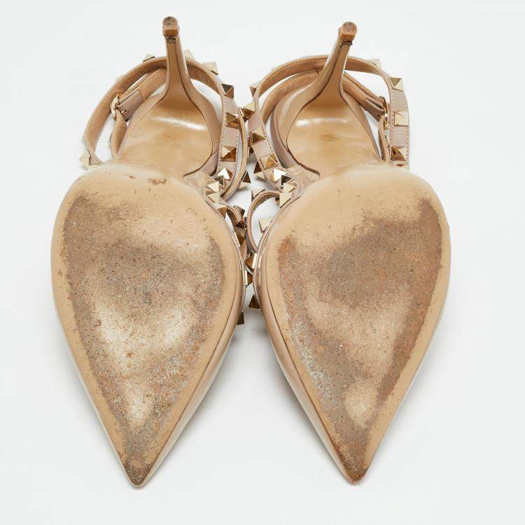 Pre Owned Valentino Rockstud Size 41 Beige Leather and Patent Leather Pumps