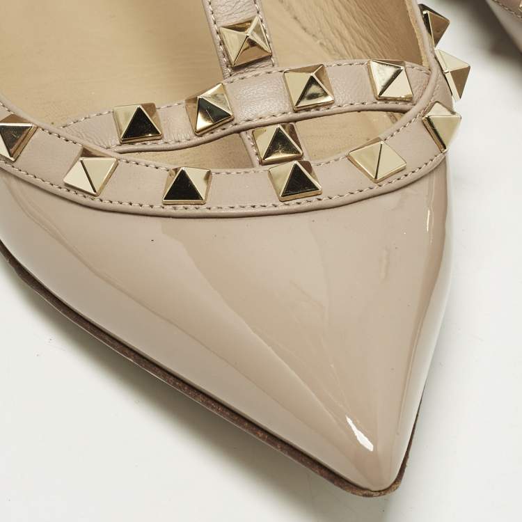 مملوكة مسبقًا Valentino Rockstud Size 39 Beige Leather and Patent Leather Ballet Flats