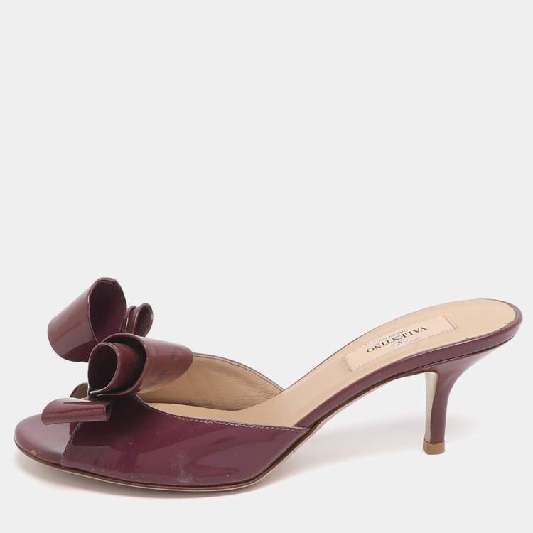 Pre Owned Valentino Bow Size 37 Burgundy Patent Leather Mules