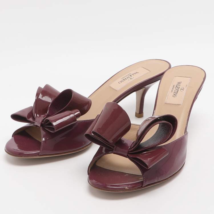 Pre Owned Valentino Bow Size 37 Burgundy Patent Leather Mules