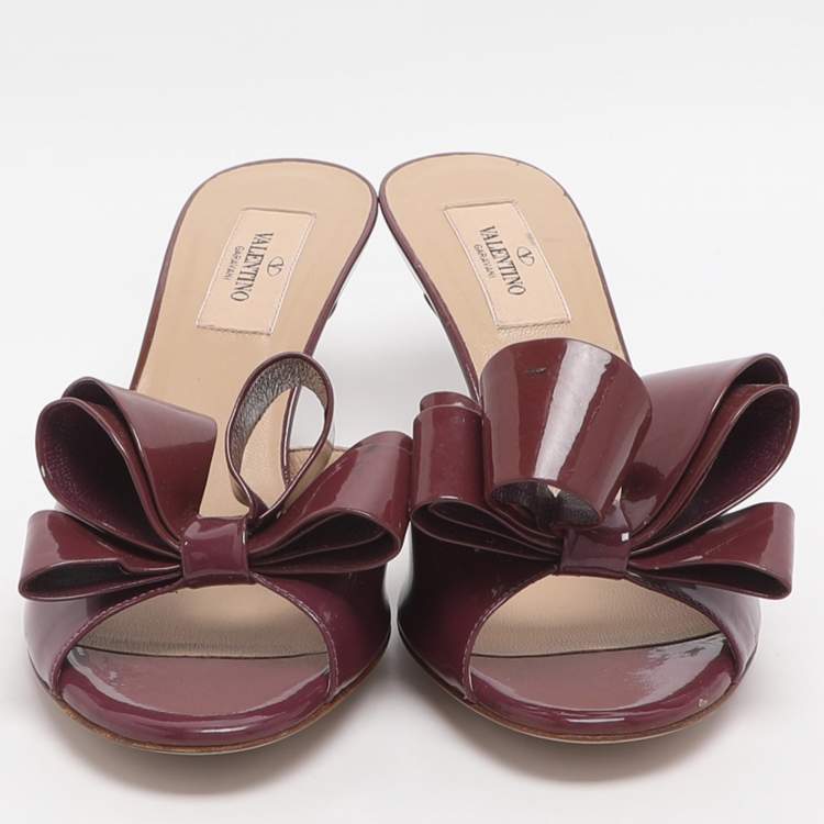 Pre Owned Valentino Bow Size 37 Burgundy Patent Leather Mules