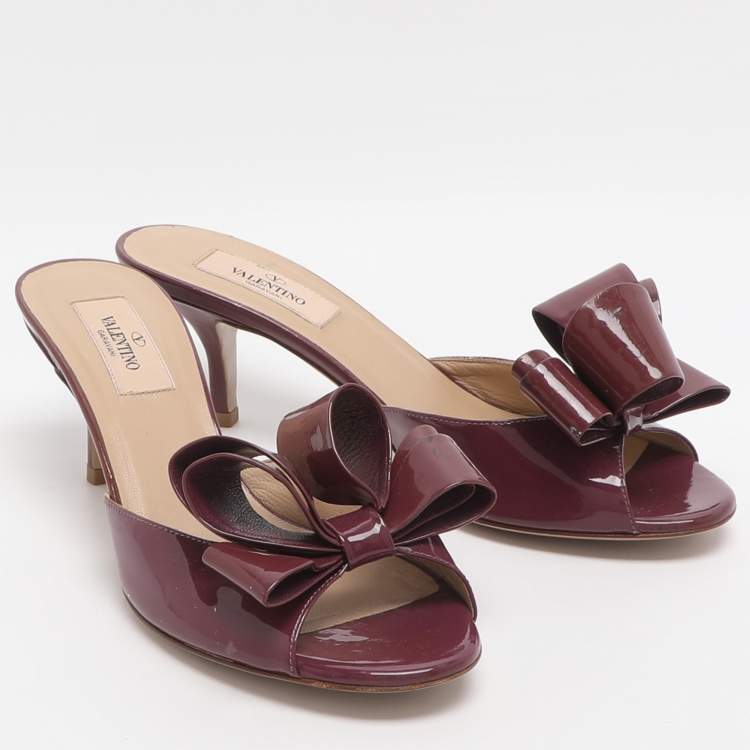 Pre Owned Valentino Bow Size 37 Burgundy Patent Leather Mules
