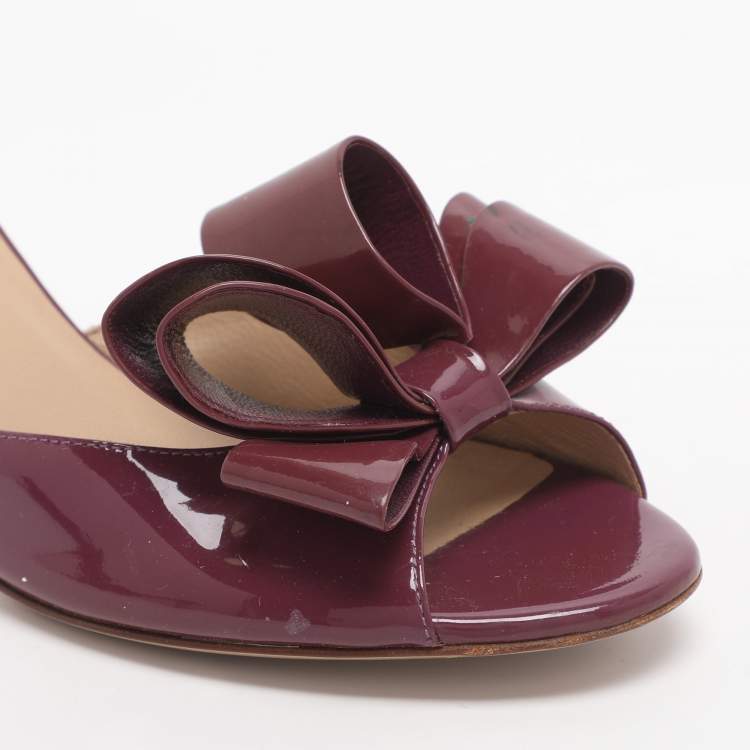 Pre Owned Valentino Bow Size 37 Burgundy Patent Leather Mules
