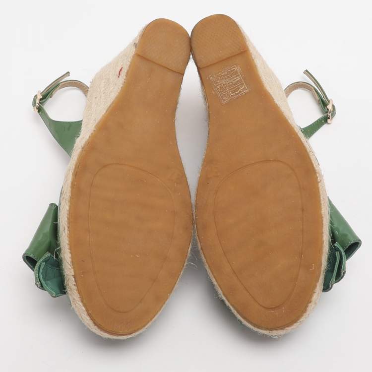 Pre Owned Valentino Bow Size 37 Green Patent Leather Wedge Slingback Sandals