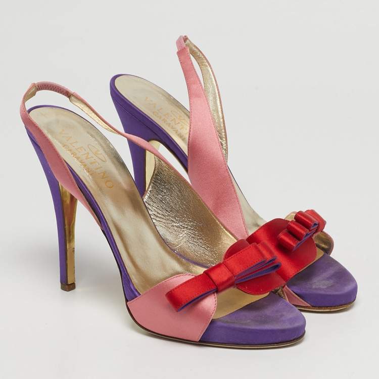 Pre Owned Valentino Size 39 Tricolor Satin Bow Platform Slingback Sandals