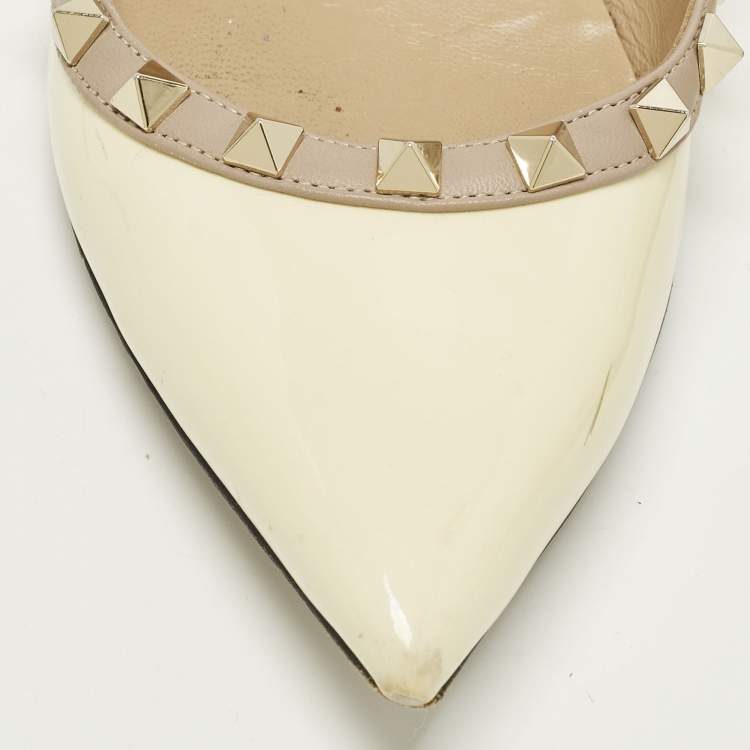 Pre Owned Valentino Rockstud Size 37.5 Cream Leather and Patent Leather Ballet Flats