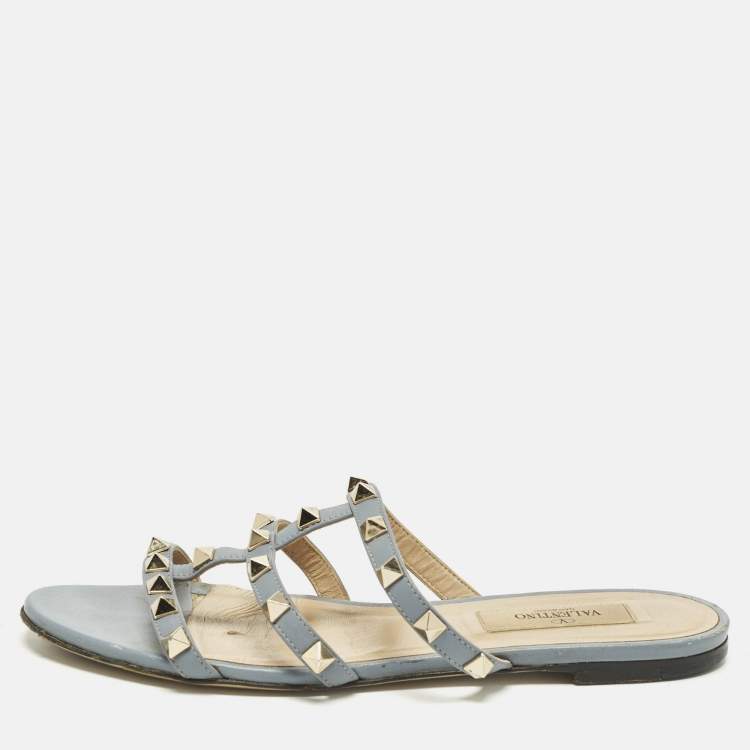 مملوكة مسبقًا Valentino Rockstud Size 36 Light Blue Leather Flat Slide