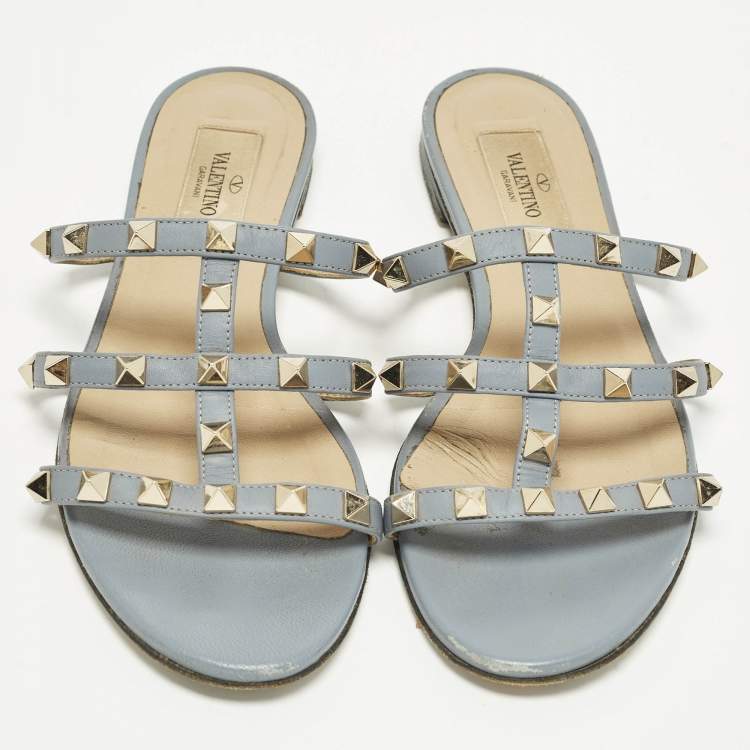 مملوكة مسبقًا Valentino Rockstud Size 36 Light Blue Leather Flat Slide