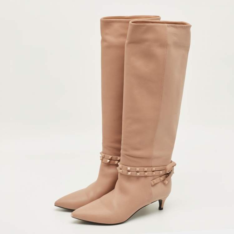 Pre Owned Valentino Rockstud Flair Size 38 Dusty Pink Leather Knee Length Boots