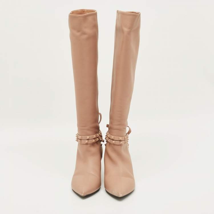 Pre Owned Valentino Rockstud Flair Size 38 Dusty Pink Leather Knee Length Boots
