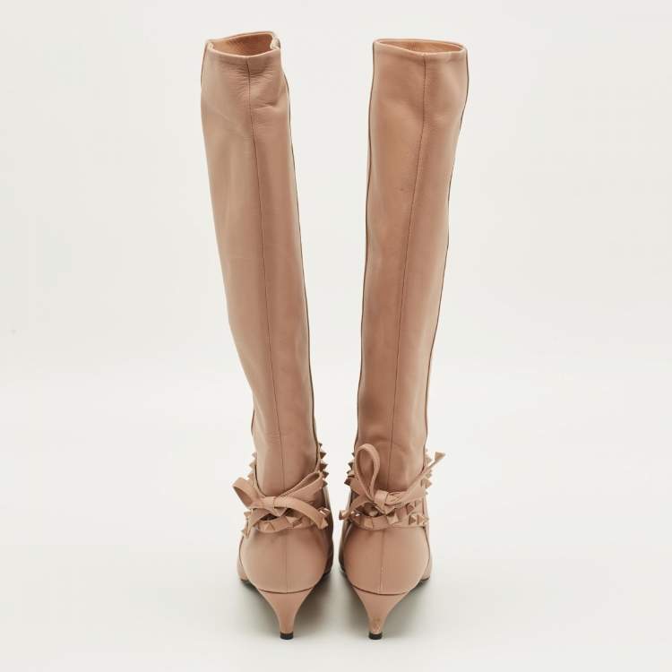 Pre Owned Valentino Rockstud Flair Size 38 Dusty Pink Leather Knee Length Boots