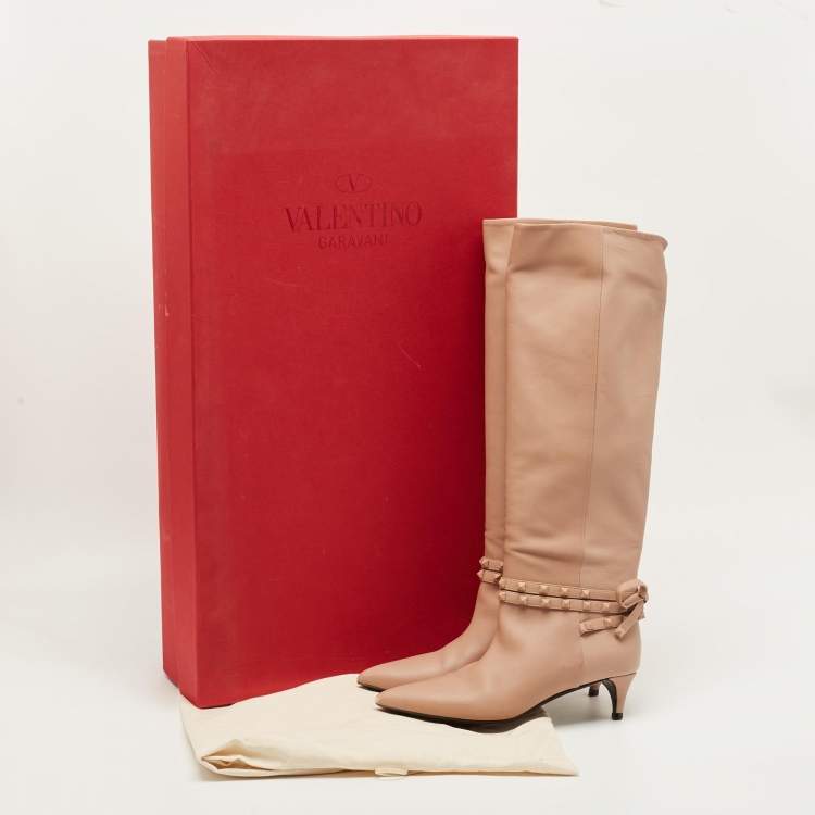 Pre Owned Valentino Rockstud Flair Size 38 Dusty Pink Leather Knee Length Boots
