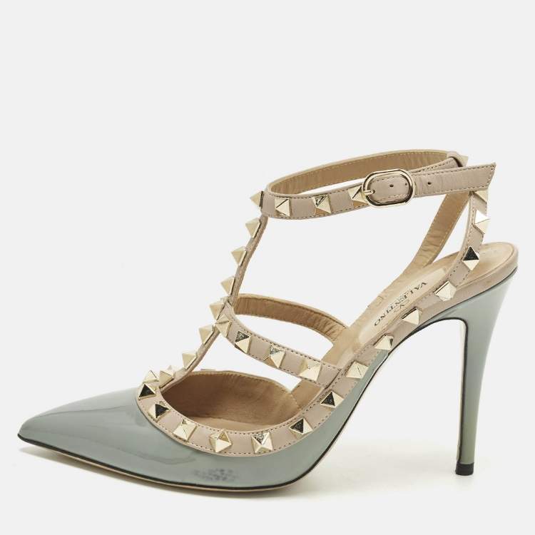 مملوكة مسبقًا Valentino Rockstud Size 36 Beige/Light Blue Leather and Patent Leather Pumps