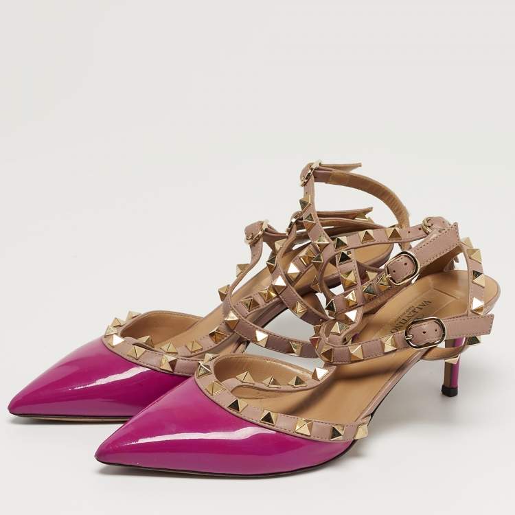 مملوكة مسبقًا Valentino Rockstud Size 36 Purple Leather and Patent Leather Ankle Strap Pumps