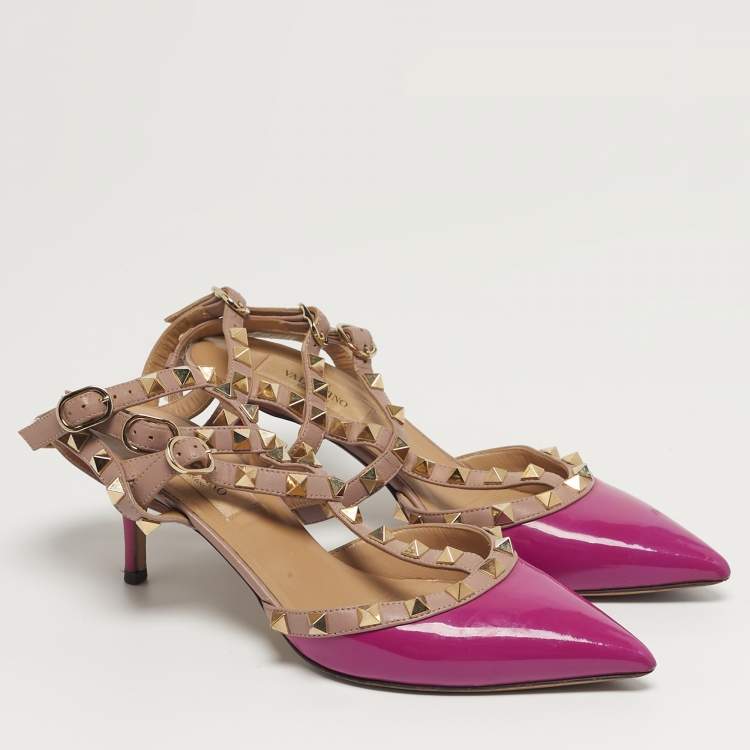مملوكة مسبقًا Valentino Rockstud Size 36 Purple Leather and Patent Leather Ankle Strap Pumps