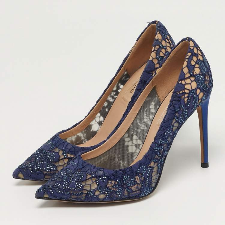 Pre Owned Valentino Size 38 Navy Blue Lace Crystal Embellished Pointed Toe Pumps