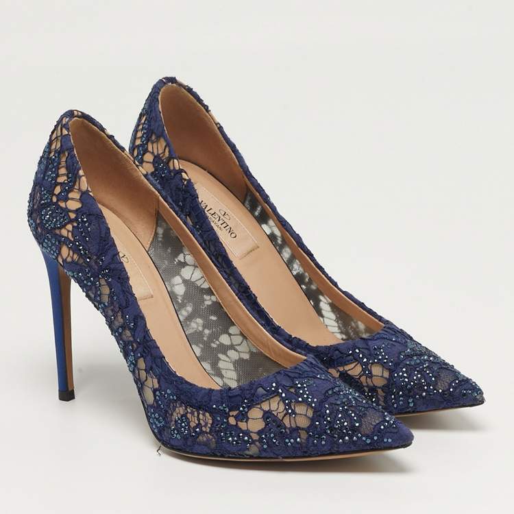 Pre Owned Valentino Size 38 Navy Blue Lace Crystal Embellished Pointed Toe Pumps