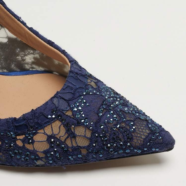 Pre Owned Valentino Size 38 Navy Blue Lace Crystal Embellished Pointed Toe Pumps