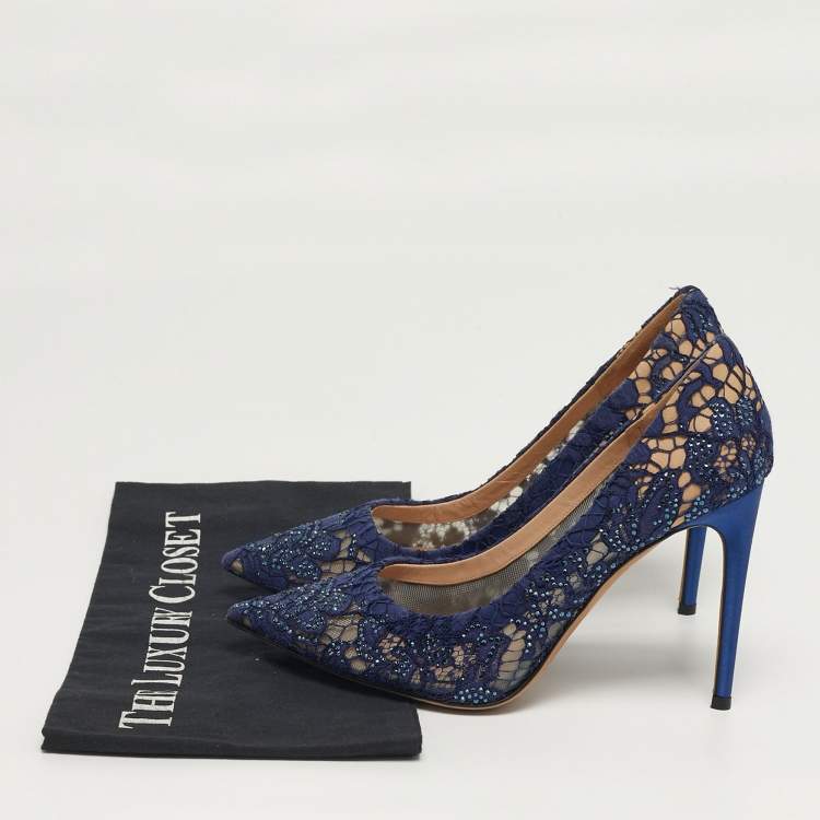 Pre Owned Valentino Size 38 Navy Blue Lace Crystal Embellished Pointed Toe Pumps