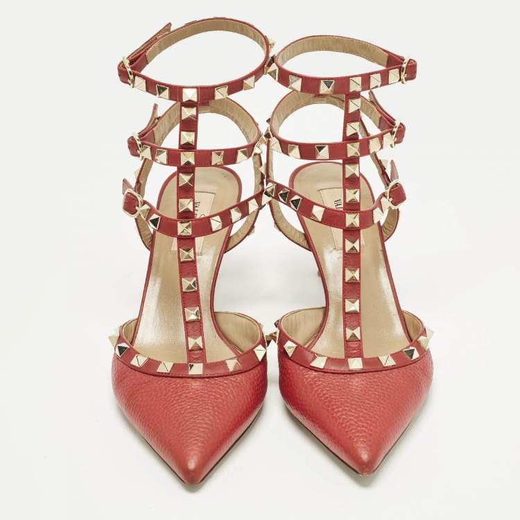 مملوكة مسبقًا Valentino Rockstud Size 39 Red Leather Ankle Strap Pumps