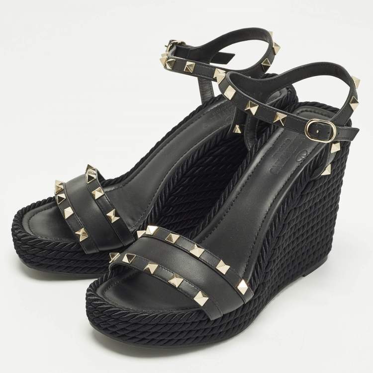 Pre Owned Valentino Rockstud Torchon Black Leather Platform Wedge Sandals 39