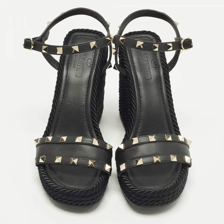 Pre Owned Valentino Rockstud Torchon Black Leather Platform Wedge Sandals 39