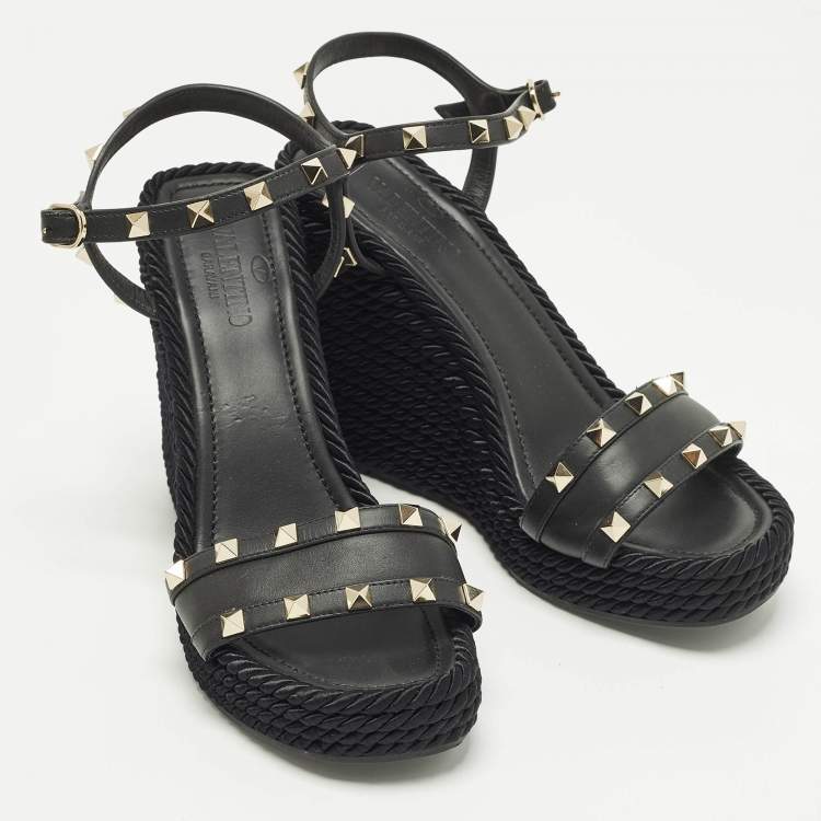 Pre Owned Valentino Rockstud Torchon Black Leather Platform Wedge Sandals 39