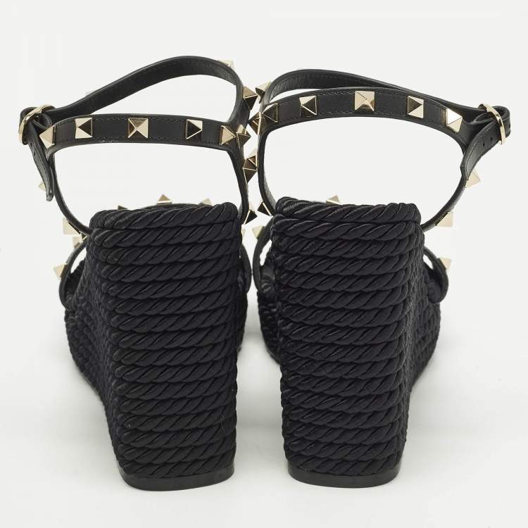 Pre Owned Valentino Rockstud Torchon Black Leather Platform Wedge Sandals 39