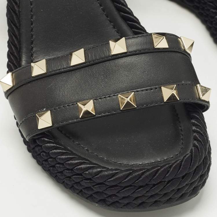 Pre Owned Valentino Rockstud Torchon Black Leather Platform Wedge Sandals 39