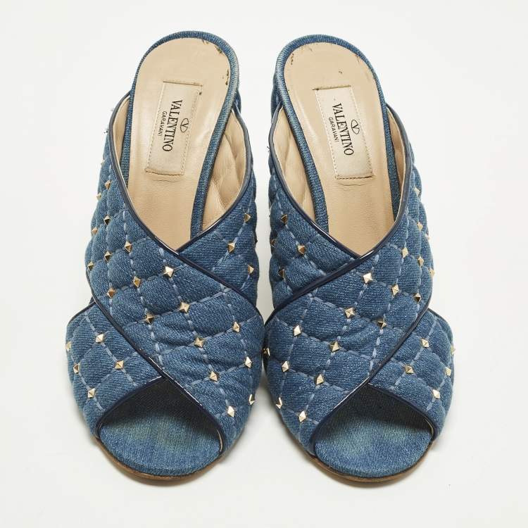 Pre Owned Valentino Rockstud Crisscross Size 38 Blue Denim Slide Sandals