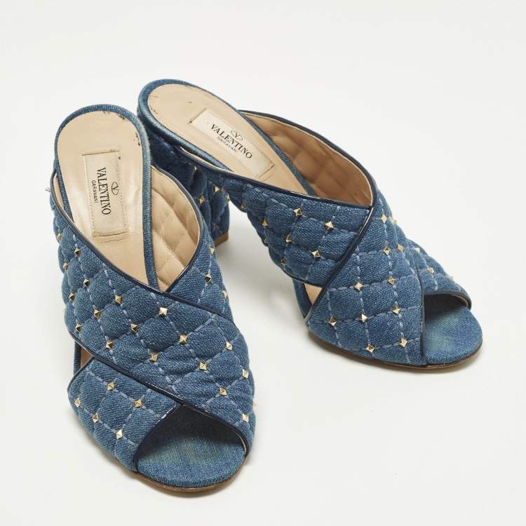 Pre Owned Valentino Rockstud Crisscross Size 38 Blue Denim Slide Sandals