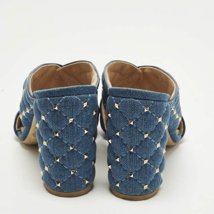 Pre Owned Valentino Rockstud Crisscross Size 38 Blue Denim Slide Sandals