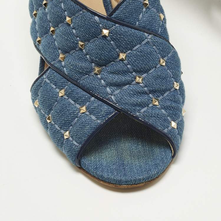 Pre Owned Valentino Rockstud Crisscross Size 38 Blue Denim Slide Sandals