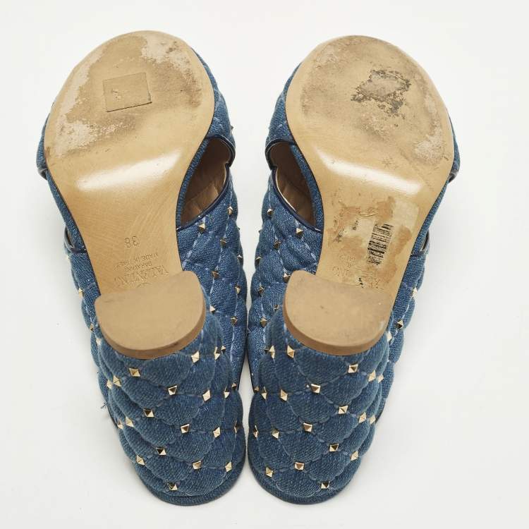 Pre Owned Valentino Rockstud Crisscross Size 38 Blue Denim Slide Sandals