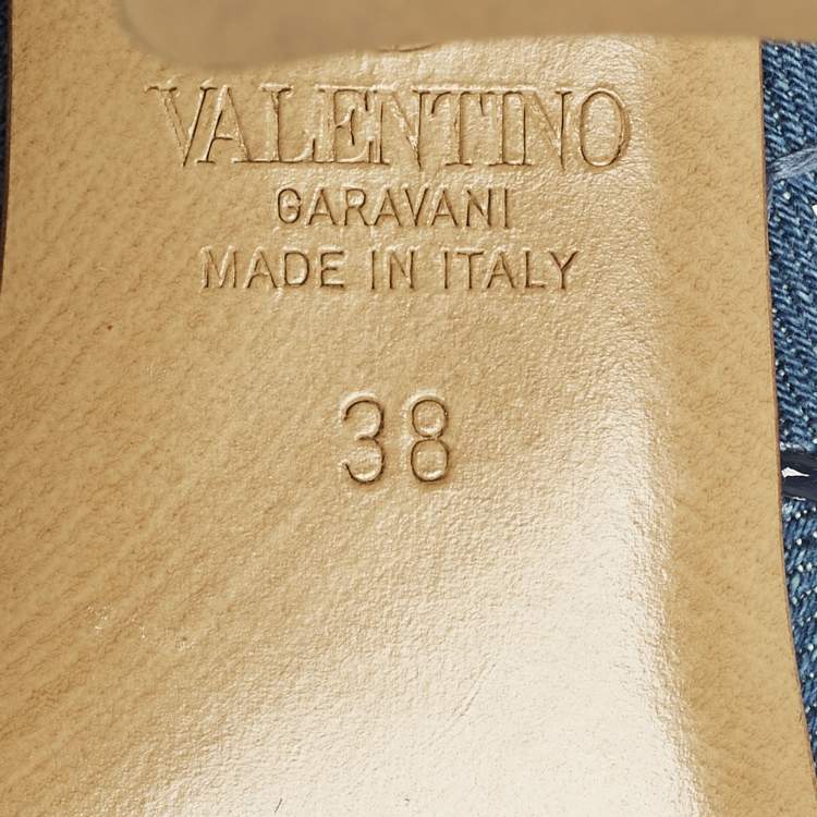 Pre Owned Valentino Rockstud Crisscross Size 38 Blue Denim Slide Sandals