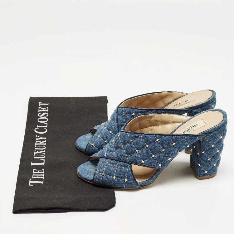 Pre Owned Valentino Rockstud Crisscross Size 38 Blue Denim Slide Sandals