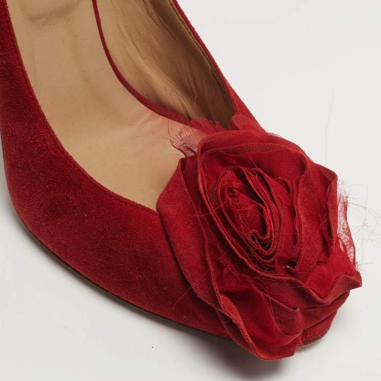 Pre Owned Valentino Rose Applique Size 39 Red Suede Peep Toe Pumps