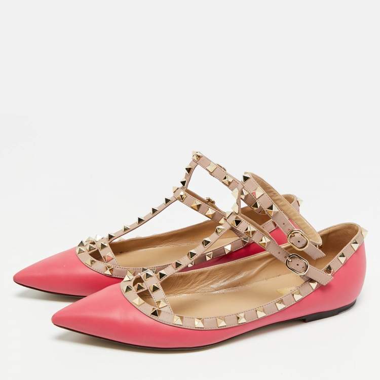 Pre Owned Valentino Rockstud Size 41 Pink/Beige Leather Ballet Flats