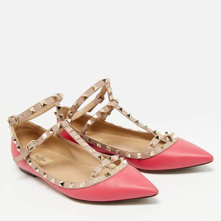 Pre Owned Valentino Rockstud Size 41 Pink/Beige Leather Ballet Flats