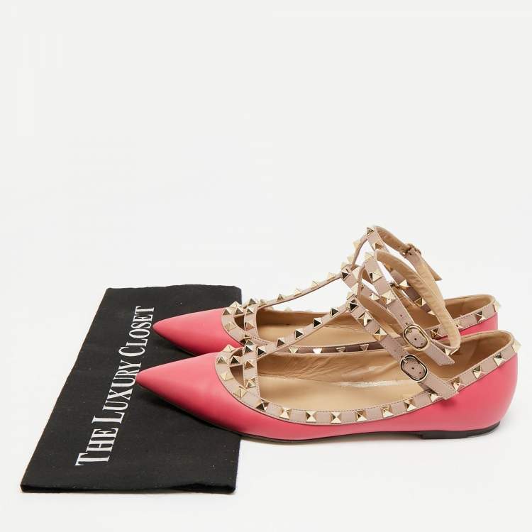 Pre Owned Valentino Rockstud Size 41 Pink/Beige Leather Ballet Flats