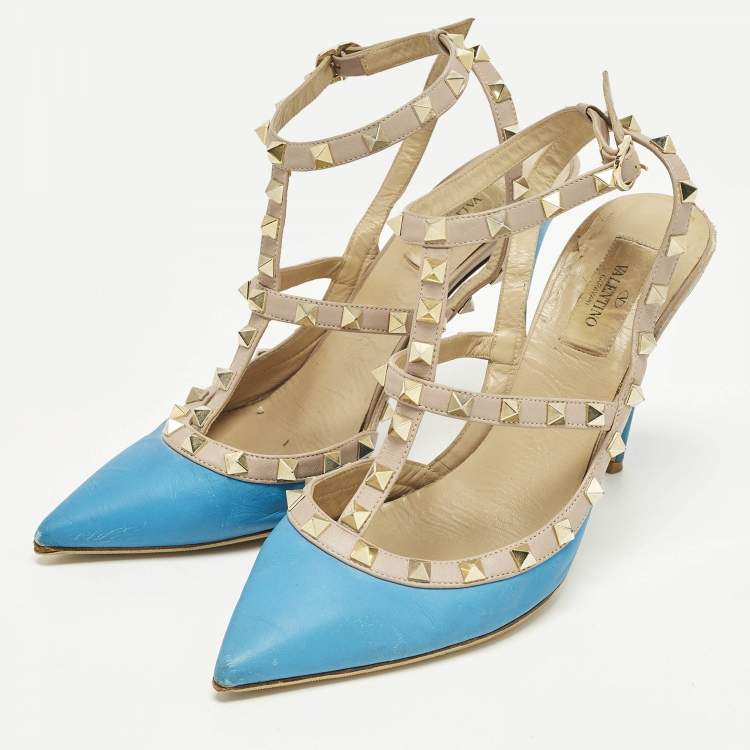 Pre Owned Valentino Rockstud Size 40.5 Blue/Beige Leather Ankle Strap Pumps