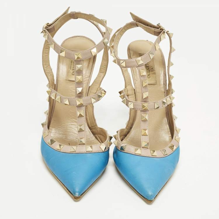 Pre Owned Valentino Rockstud Size 40.5 Blue/Beige Leather Ankle Strap Pumps