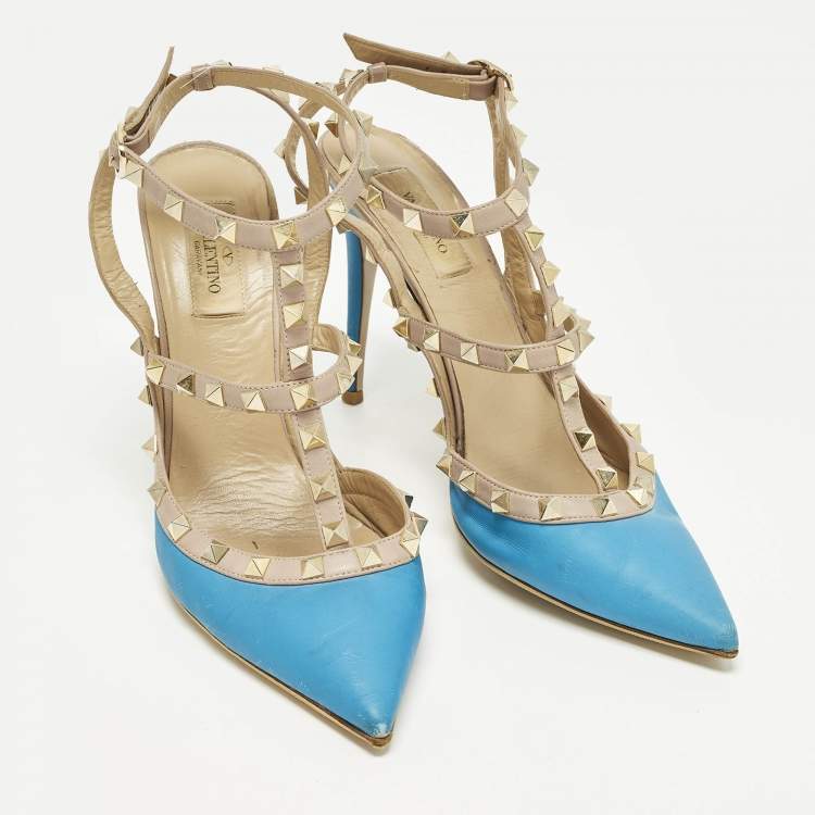 Pre Owned Valentino Rockstud Size 40.5 Blue/Beige Leather Ankle Strap Pumps