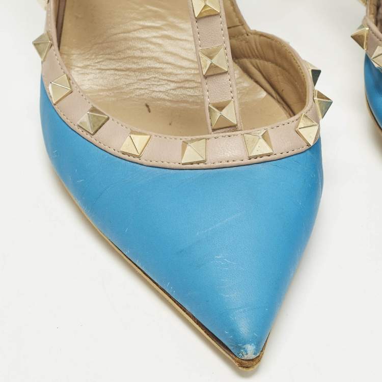 Pre Owned Valentino Rockstud Size 40.5 Blue/Beige Leather Ankle Strap Pumps