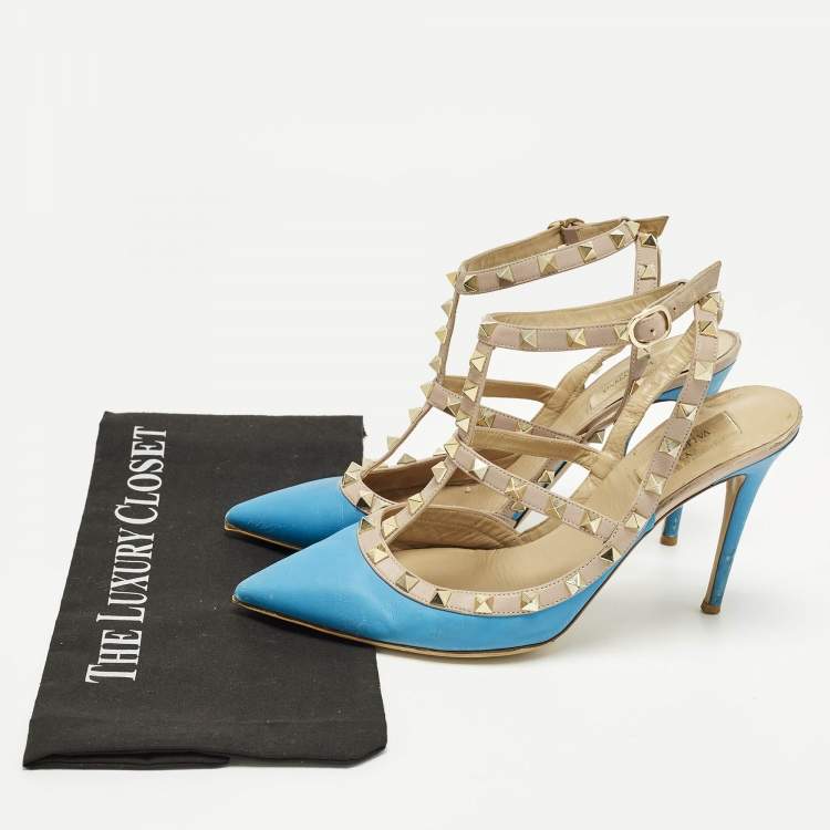 Pre Owned Valentino Rockstud Size 40.5 Blue/Beige Leather Ankle Strap Pumps